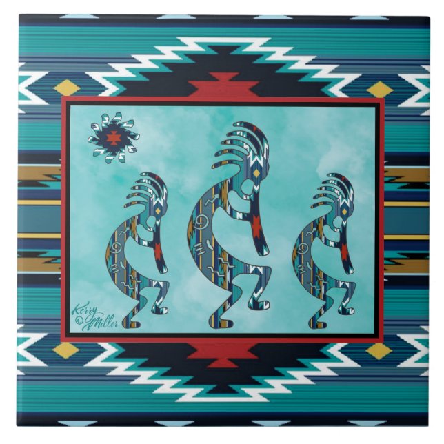 Three Turquoise Kokopelli Ceramic tile (Front)