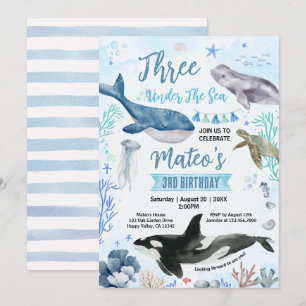 Three Under The Sea Birthday Party Watercolor Invitation