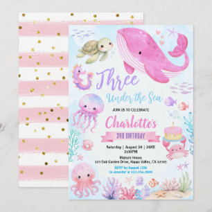 Three Under The Sea Girl 2nd Birthday Pink Invitation