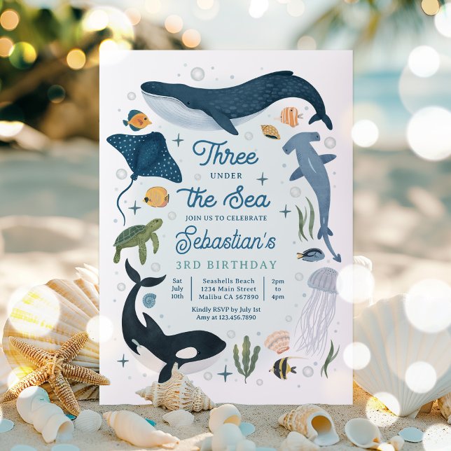 Three Under The Sea Whale Shark Sea Life Birthday  Invitation (Creator Uploaded)