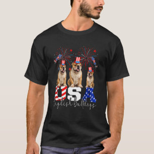Three Usa Bull Terriers Wearing Hat American Flag T-Shirt