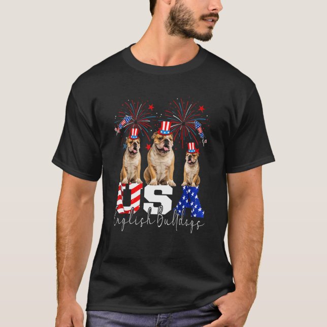 Three Usa Bull Terriers Wearing Hat American Flag  T-Shirt (Front)