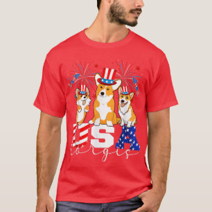 Three USA Corgis Dog Wearing Hat American Flag Fir T-Shirt
