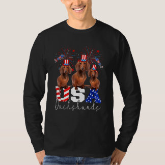 Three Usa Dachshunds Dog Wearing Hat American Flag T-Shirt