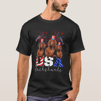 Three Usa Dachshunds Dog Wearing Hat American Flag T-Shirt