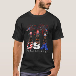 Three USA Dobermans Dog Wearing Hat American Flag T-Shirt