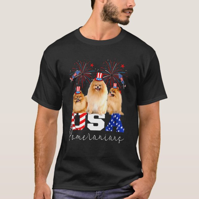 Three Usa Pomeranians Wearing Hat American Flag Fi T-Shirt (Front)