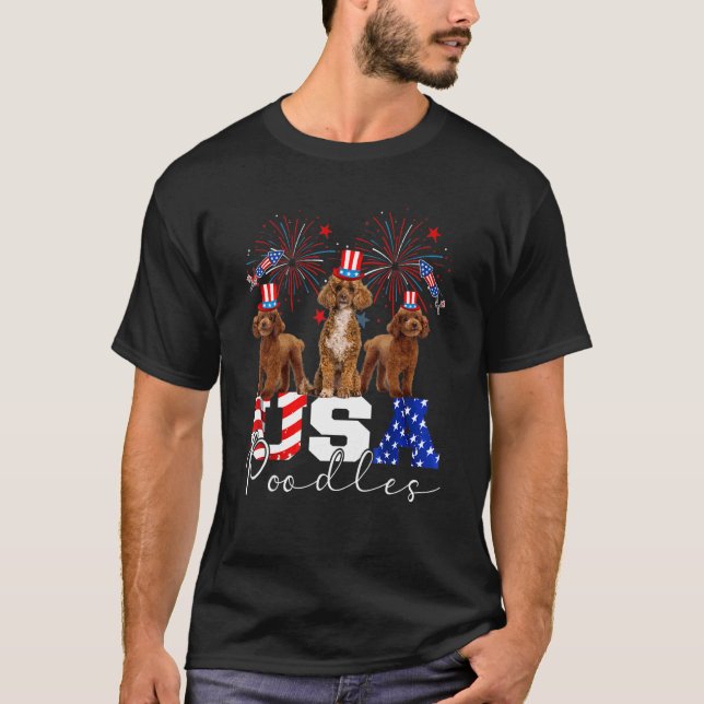 Three Usa Poodles Dog Wearing Hat American Flag Fi T-Shirt (Front)