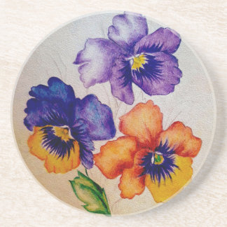 Three vintage Pansy flowers coloured pencils   Coaster