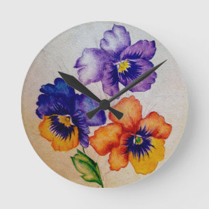 Three vintage Pansy flowers coloured pencils   Round Clock