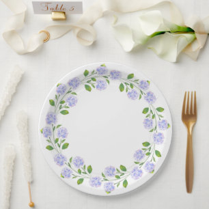 Three Watercolor Hydrangeas Floral Wreath Paper Plate