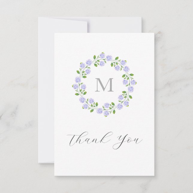 Three Watercolor Hydrangeas Floral Wreath Thank You Card (Front)