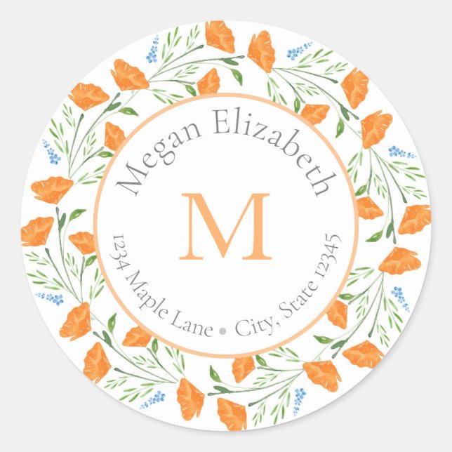  Three Watercolor Poppies Wreath label (Front)