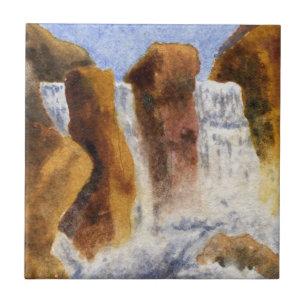 Three waterfalls drop from large rocks tile