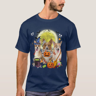 Three Welsh Corgi Dogs Witch Scary Mummy Halloween T-Shirt