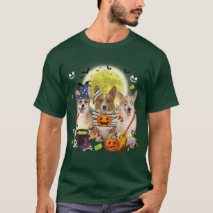 Three Welsh Corgi Dogs Witch Scary Mummy Halloween T-Shirt