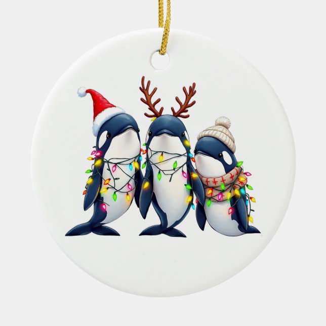 Three Whales Wearing Christmas Santa Hat  Ceramic Tree Decoration (Front)