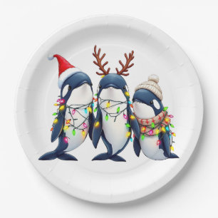 Three Whales Wearing Christmas Santa Hat  Paper Plate