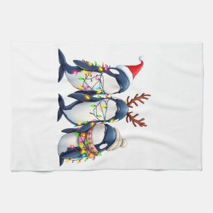 Three Whales Wearing Christmas Santa Hat Tea Towel