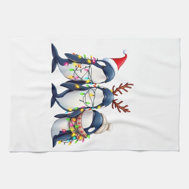 Three Whales Wearing Christmas Santa Hat  Tea Towel (Horizontal)