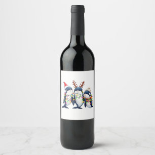 Three Whales Wearing Christmas Santa Hat  Wine Label