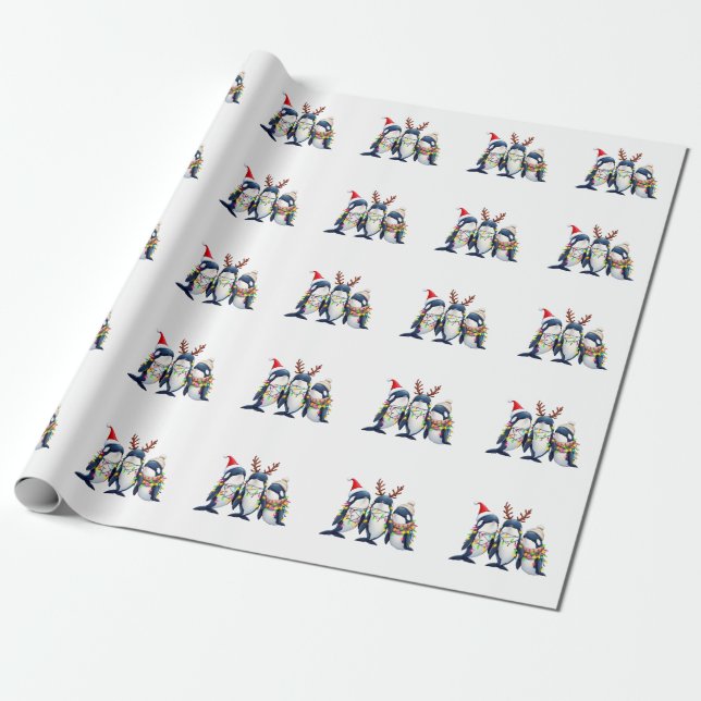 Three Whales Wearing Christmas Santa Hat  Wrapping Paper (Unrolled)