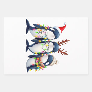 Three Whales Wearing Christmas Santa Hat Wrapping Paper Sheet