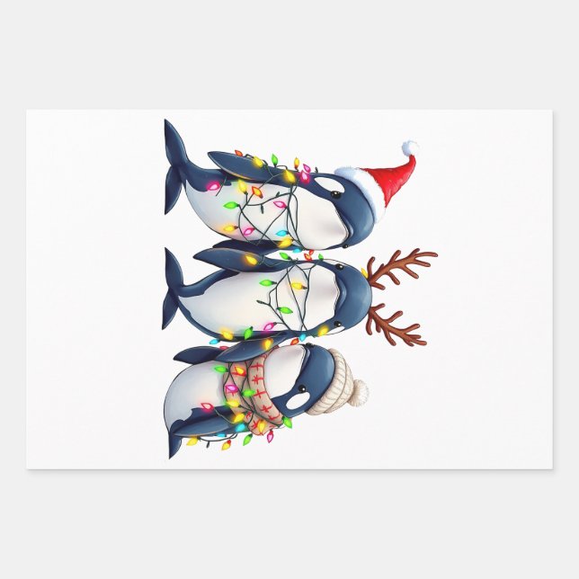 Three Whales Wearing Christmas Santa Hat  Wrapping Paper Sheet (Front)