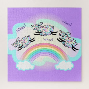 Three Whee Sheep Jumping a Rainbow Cute Animal Art Jigsaw Puzzle