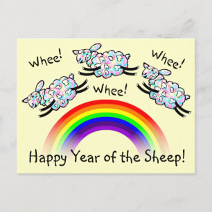Three Whee Sheep Leaping a Rainbow Happy Year Postcard