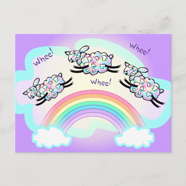 Three Whee Sheep Leaping a Rainbow Silly Happy Postcard (Front)