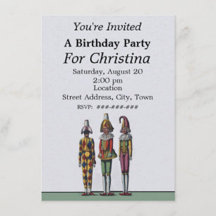 Three Whimsical Birthday Colourful Jester Dolls Invitation