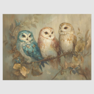 Three Whimsical Owls on a Branch Decoupage Tissue Paper