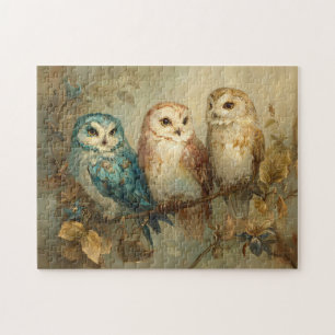 Three Whimsical Owls on a Branch Jigsaw Puzzle