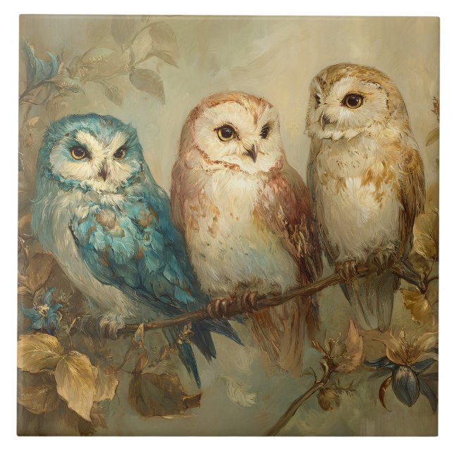 Three Whimsical Owls on a Branch Tile (Front)