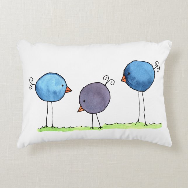 Three Whimsical Watercolor Birds Decorative Cushion (Front)