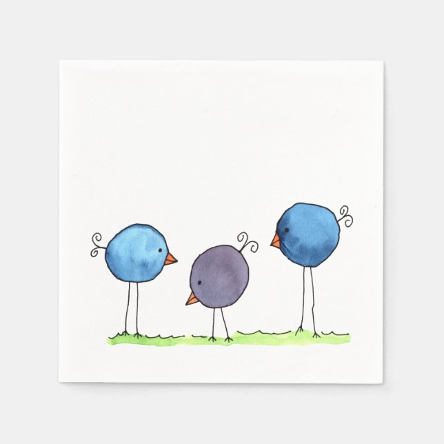 Three Whimsical Watercolor Birds Napkin (Front)