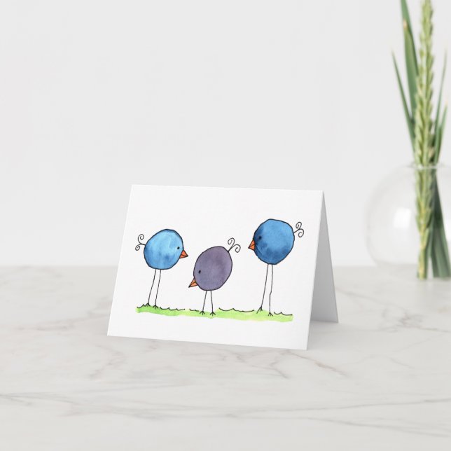 Three Whimsical Watercolor Birds Note Card (Front)