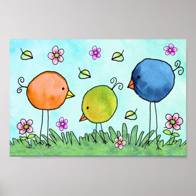 Three Whimsical Watercolor Birds Poster (Front)