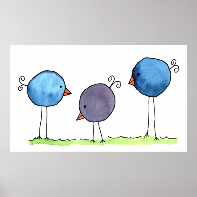 Three Whimsical Watercolor Birds Poster (Front)
