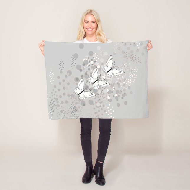 Three White Butterflies Fleece Blanket (In Situ)