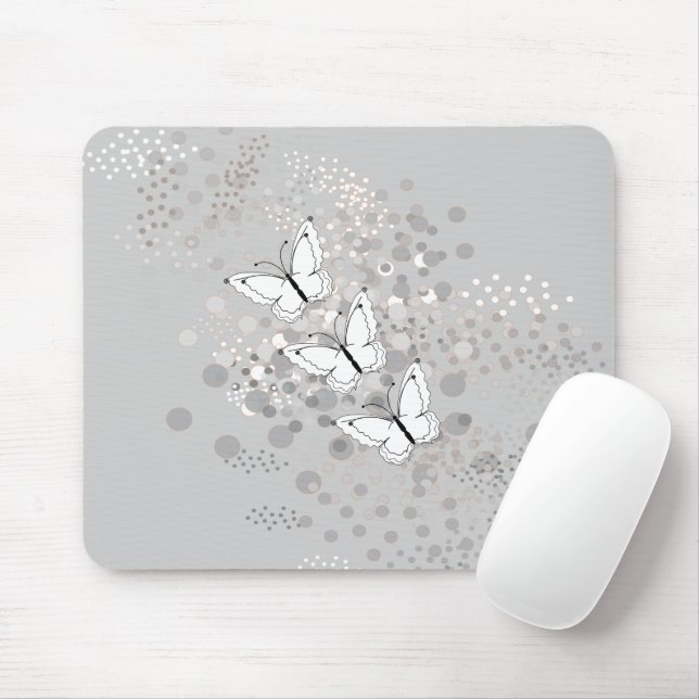 Three White Butterflies Mouse Mat (With Mouse)