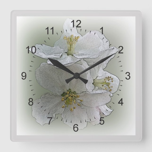 three white flowers square wall clock (Front)