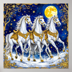 Three White Horses Under Starry Night Sky 🐎✨🌌⭐🌙 Poster