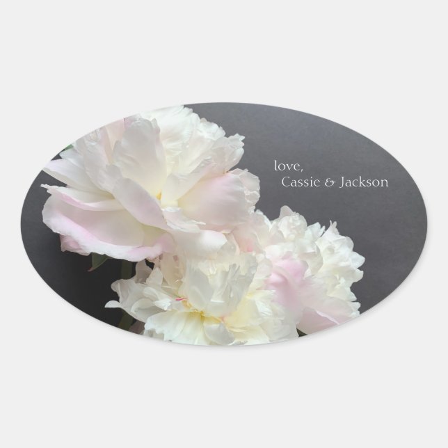 Three white peonies on dark grey oval sticker (Front)