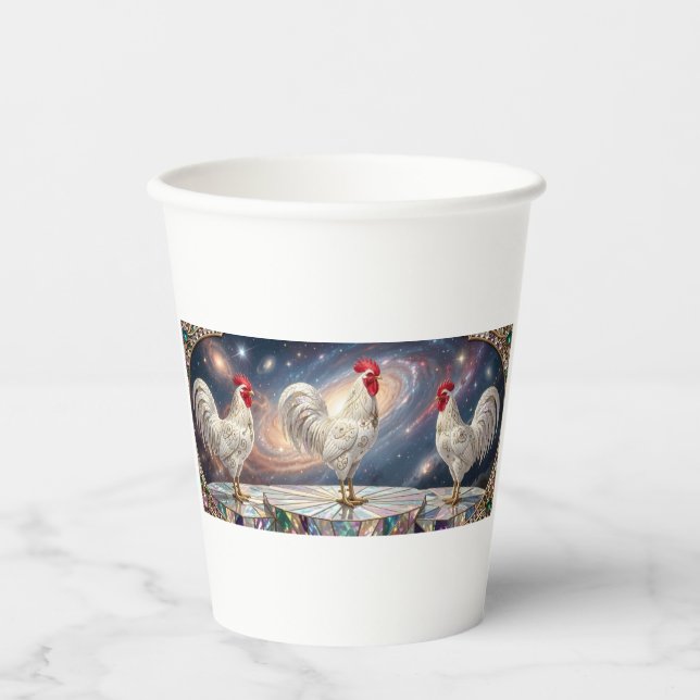 Three white roosters. paper cups (Front)