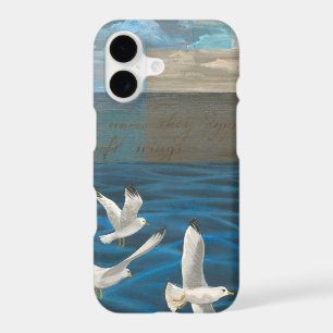 Three White Seagulls Flying Over the Water
