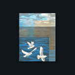 Three White Seagulls Flying Over the Water Canvas Print<br><div class="desc">Need to get away? Do it by choosing this painting by artist Tara Friel representing three seagulls flying over the water. The sight of the waves of the ocean and the vivid colours make this design very realistic.</div>
