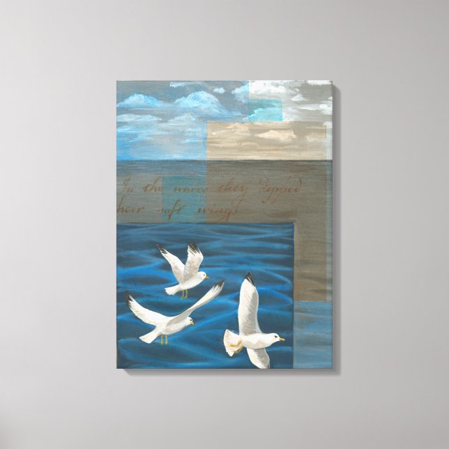 Three White Seagulls Flying Over the Water Canvas Print (Front)