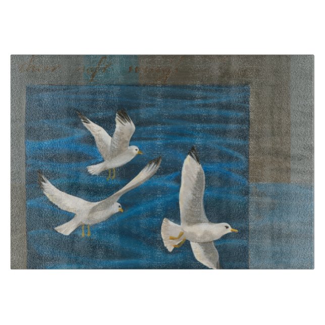 Three White Seagulls Flying Over the Water Cutting Board (Front)